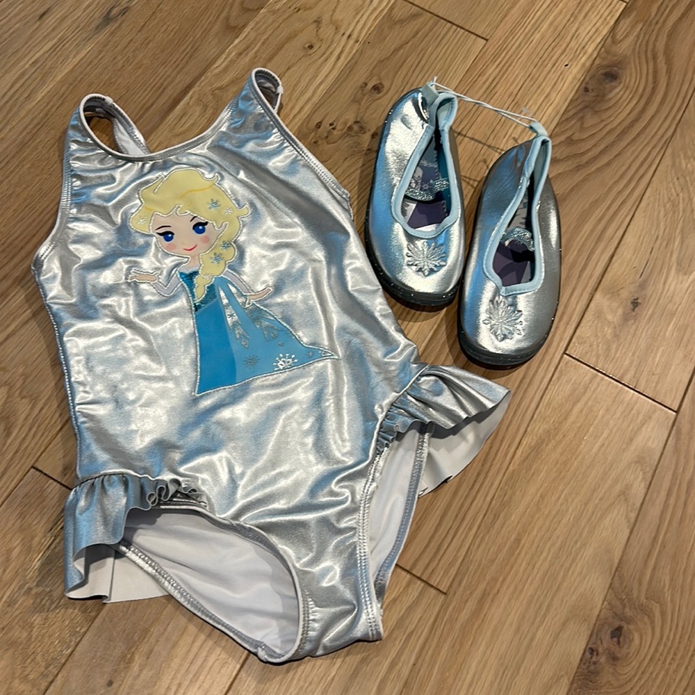 Disney brand kids Elsa bathing suit (7/8) and water shoes (12)